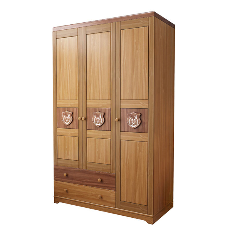 3 Doors Solid Wood Kid Wardrobe with Garment Rod and Lower Storage Drawers