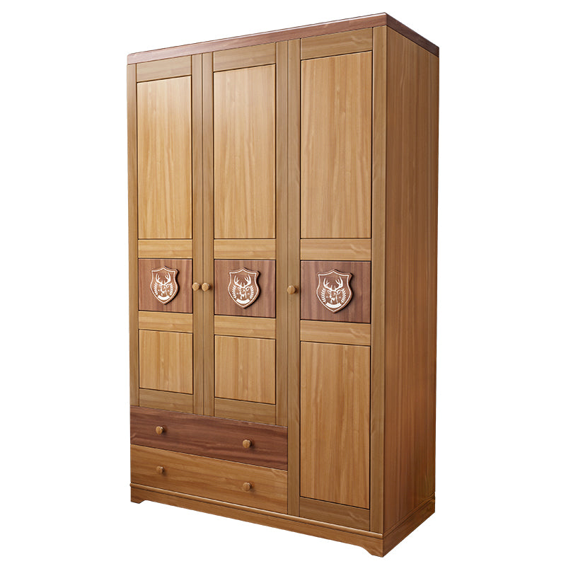 3 Doors Solid Wood Kid Wardrobe with Garment Rod and Lower Storage Drawers