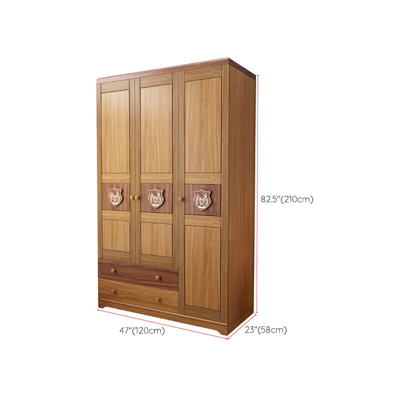 3 Doors Solid Wood Kid Wardrobe with Garment Rod and Lower Storage Drawers