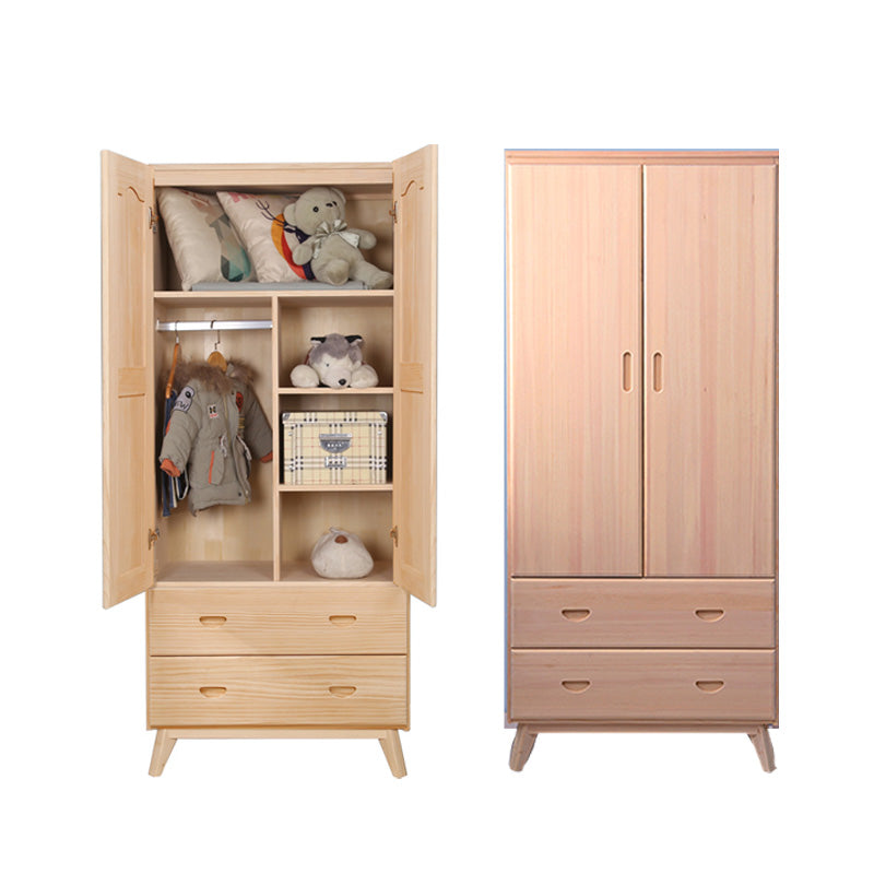 Light Brown Wooden Kid's Wardrobe 2-Drawer Glossy Kids Closet