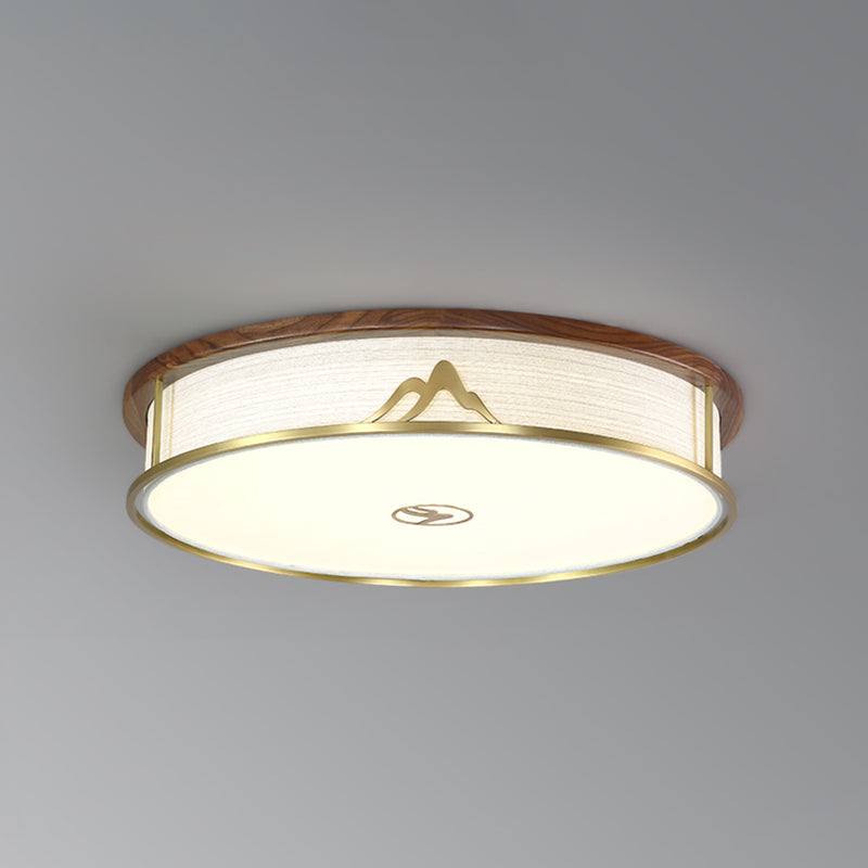 Modern Wood Flush Mount Geometric Shape Ceiling Light with Fabric Shade for Living Room