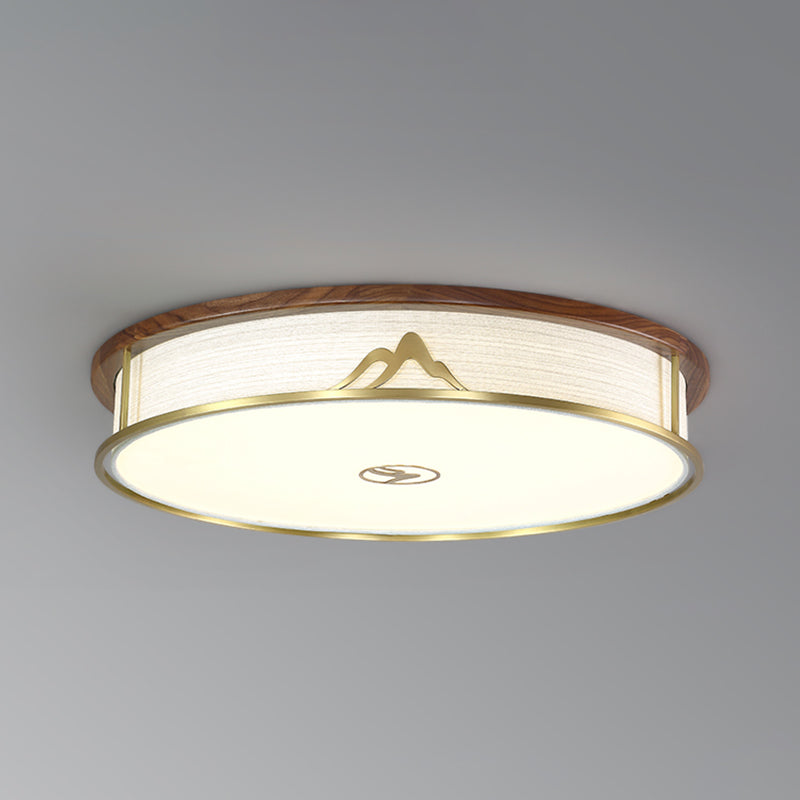 Modern Wood Flush Mount Geometric Shape Ceiling Light with Fabric Shade for Living Room