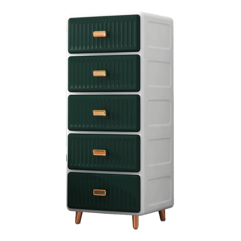 Contemporary Plastic Vertical Nightstand with 5/6 Drawers in Green/White/Gray Kids