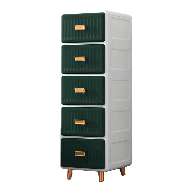 Contemporary Plastic Vertical Nightstand with 5/6 Drawers in Green/White/Gray Kids