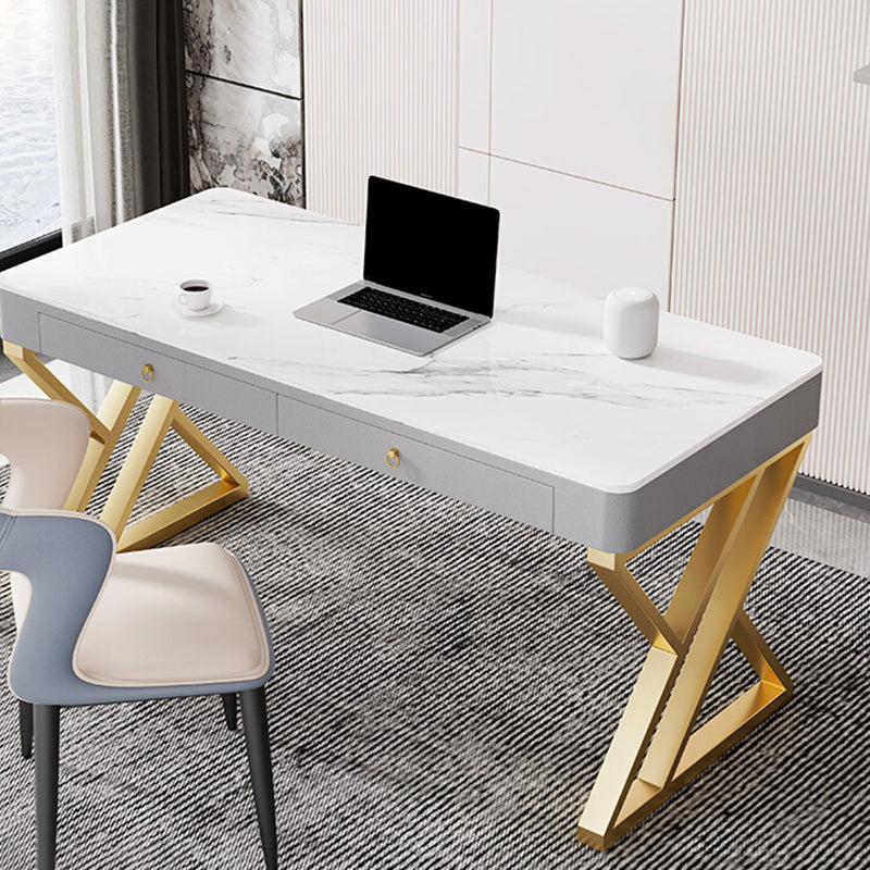 Glam Style Stone Writing Desk Rectangle Metal Office Desk for Office