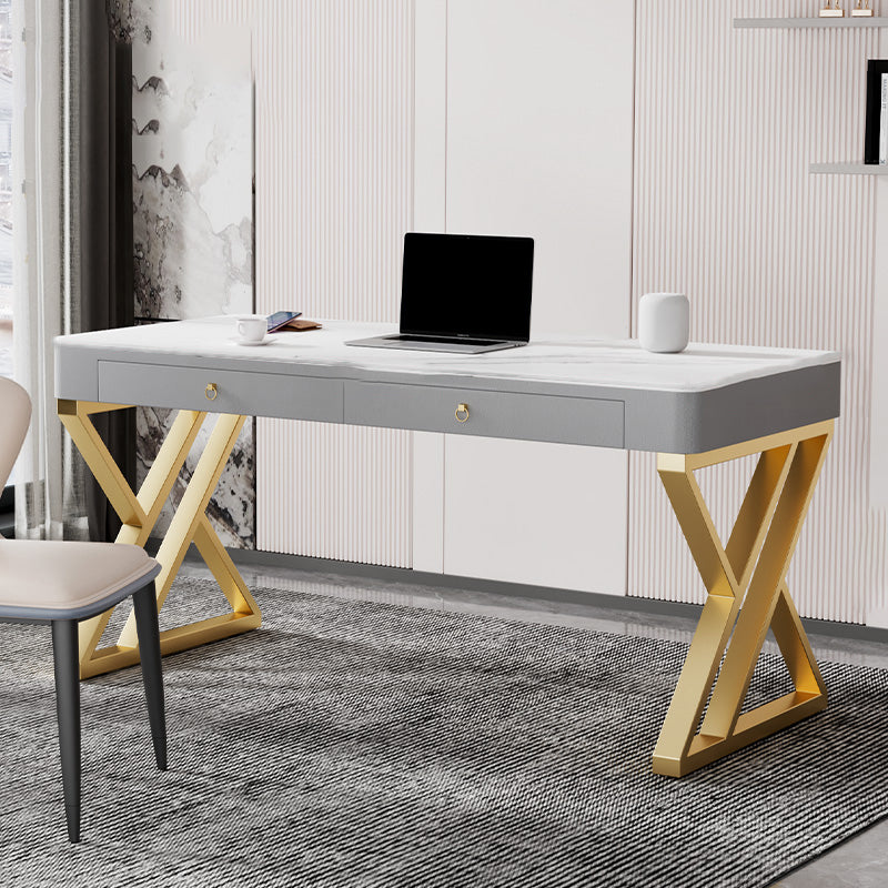 Glam Style Stone Writing Desk Rectangle Metal Office Desk for Office