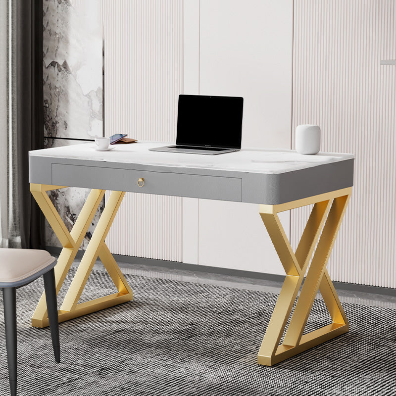 Glam Style Stone Writing Desk Rectangle Metal Office Desk for Office