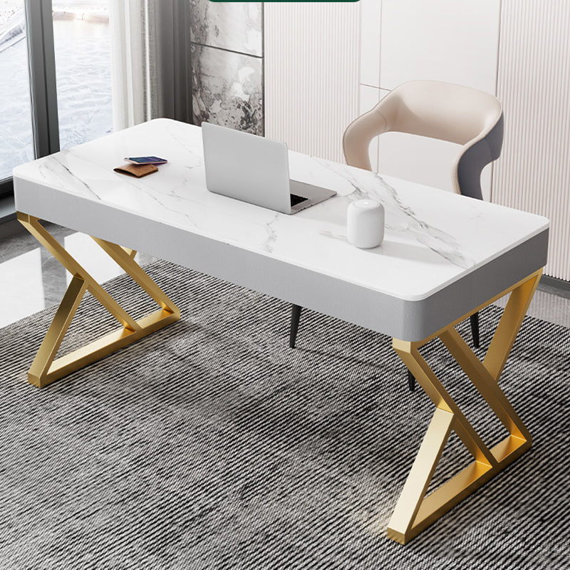 Glam Style Stone Writing Desk Rectangle Metal Office Desk for Office