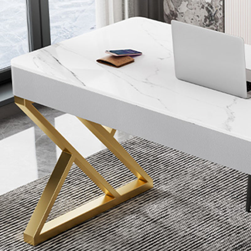 Glam Style Stone Writing Desk Rectangle Metal Office Desk for Office