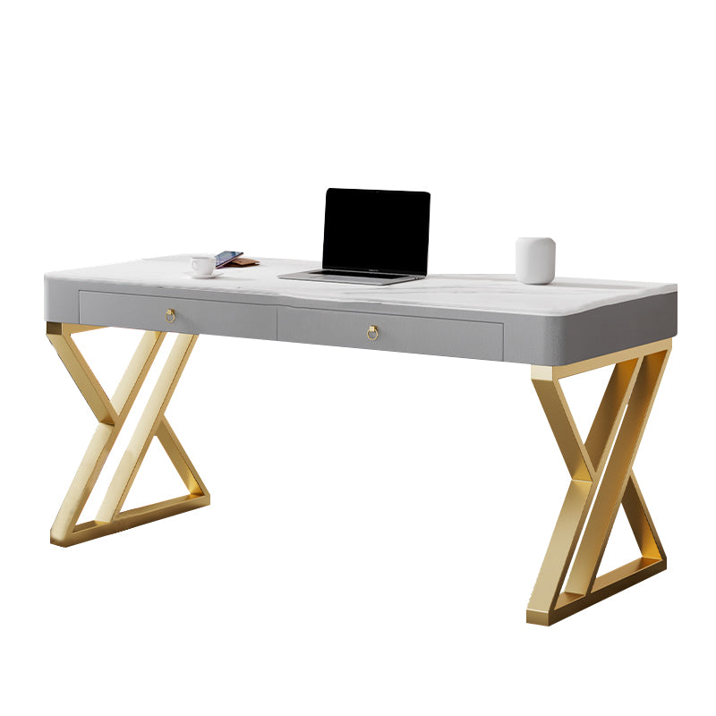 Glam Style Stone Writing Desk Rectangle Metal Office Desk for Office