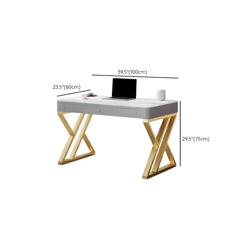 Glam Style Stone Writing Desk Rectangle Metal Office Desk for Office