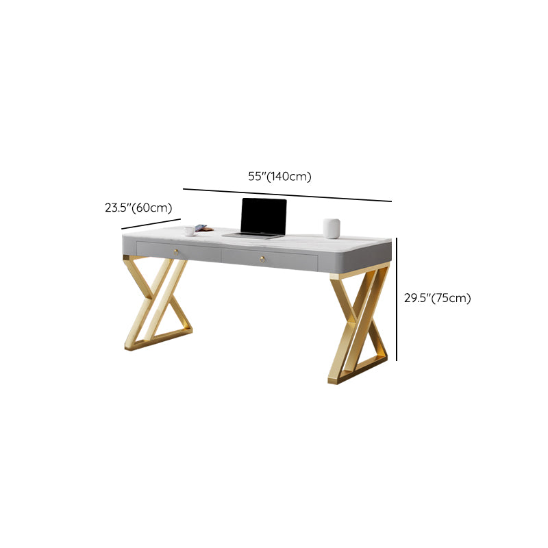 Glam Style Stone Writing Desk Rectangle Metal Office Desk for Office