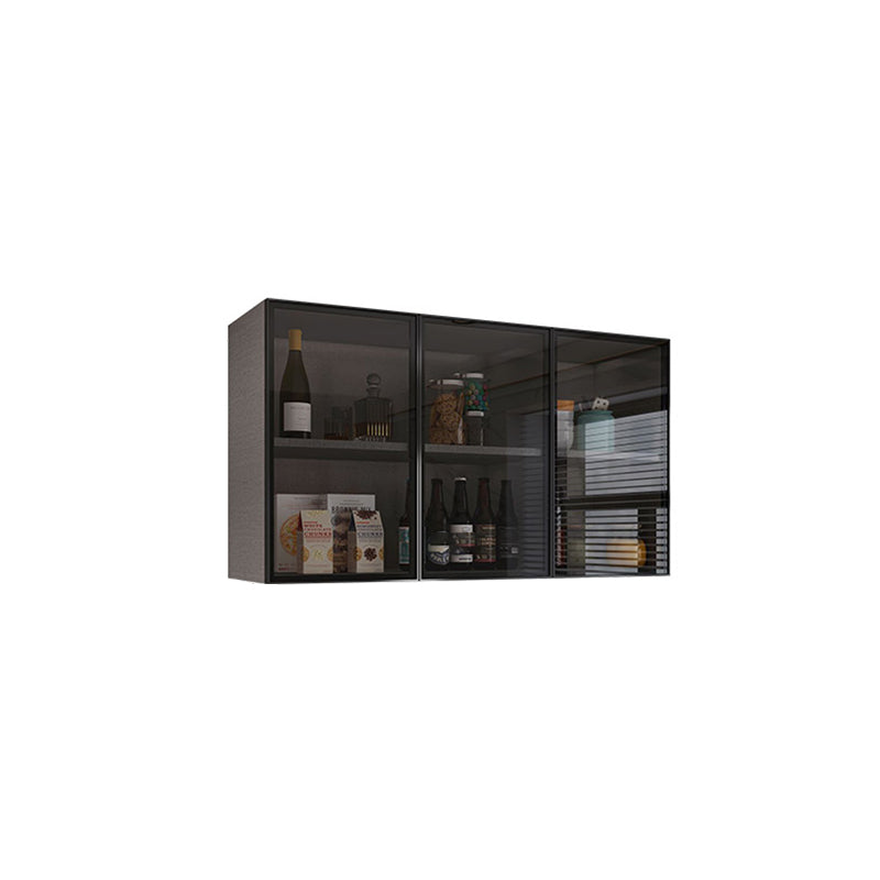 Contemporary Glass Doors Display Stand Faux Wood Hutch Cabinet for Dining Room