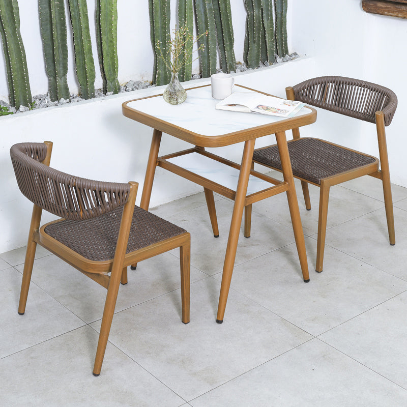 Faux Wooden Dining Table Set with Rattan Chairs for Outdoors