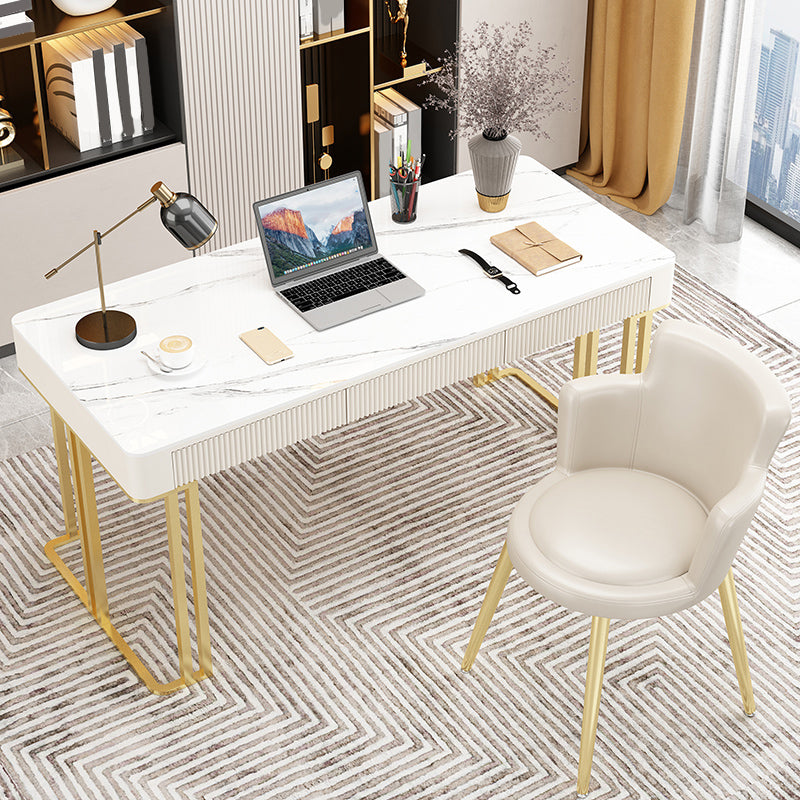 Contemporary Stone Office Desk Rectangular Shape Task Desk with 2 Legs in White and Gold