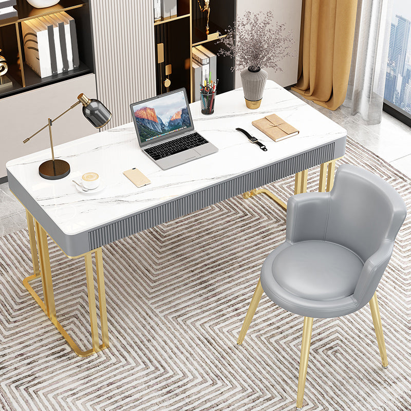 Contemporary Stone Office Desk Rectangular Shape Task Desk with 2 Legs in White and Gold