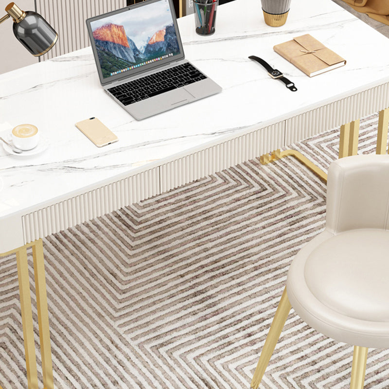 Contemporary Stone Office Desk Rectangular Shape Task Desk with 2 Legs in White and Gold