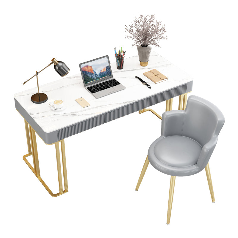 Contemporary Stone Office Desk Rectangular Shape Task Desk with 2 Legs in White and Gold