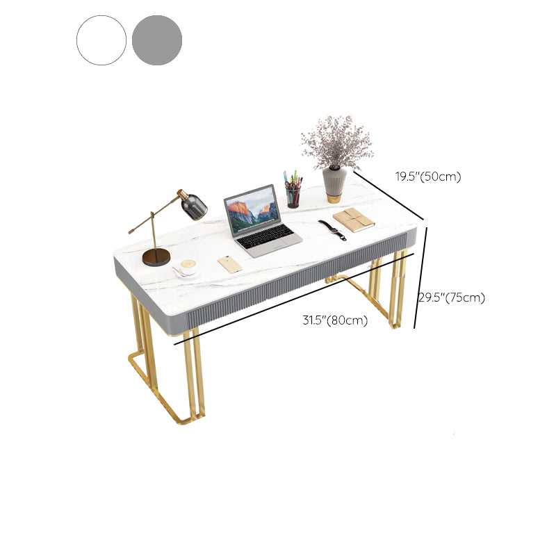 Contemporary Stone Office Desk Rectangular Shape Task Desk with 2 Legs in White and Gold