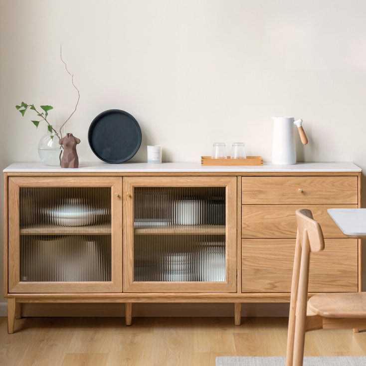 Contemporary Sideboard Cabinet Oak Glass Doors Sideboard Table with Doors for Dining Room