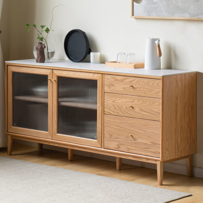 Contemporary Sideboard Cabinet Oak Glass Doors Sideboard Table with Doors for Dining Room