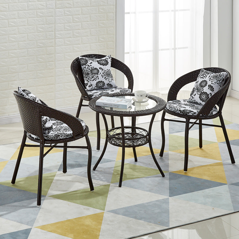 Glass Dining Table Set with Armless Rattan Chairs for Courtyard