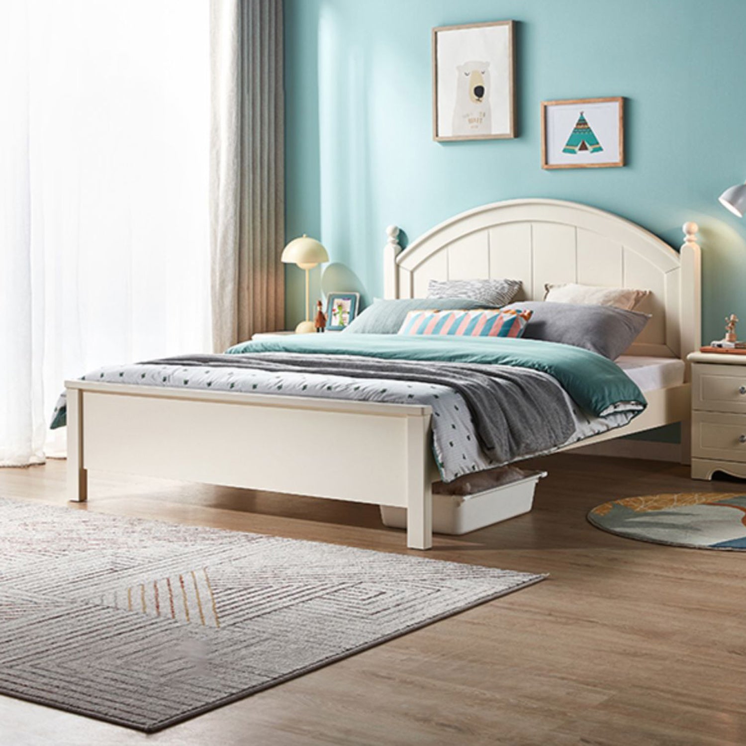 White Simple Standard Bed for Children with Mattress and Lift UP Storage