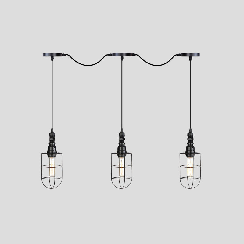 3/5/7-Head Iron Tandem Multi Ceiling Light Rustic Black Finish Wire Cage Restaurant Pendulum Lamp