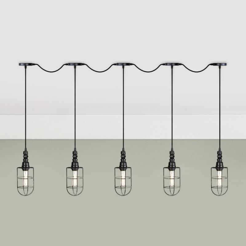 3/5/7-Head Iron Tandem Multi Ceiling Light Rustic Black Finish Wire Cage Restaurant Pendulum Lamp