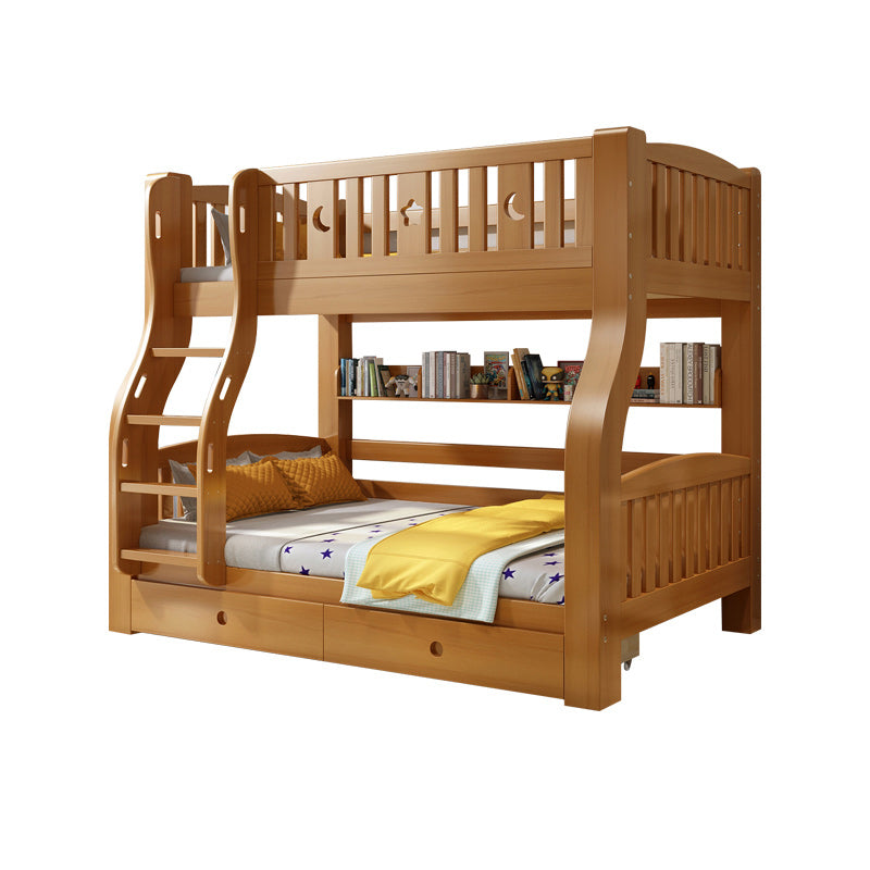 Walnut Standard Bunk Bed with Twin Trundle Solid Wood High Bunk Bed