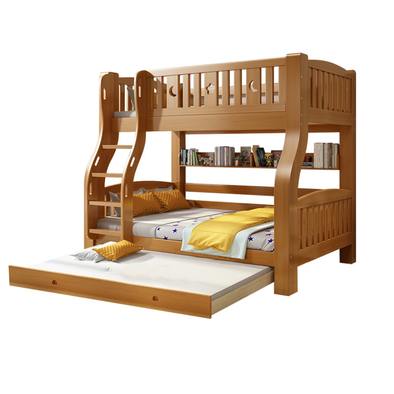 Walnut Standard Bunk Bed with Twin Trundle Solid Wood High Bunk Bed