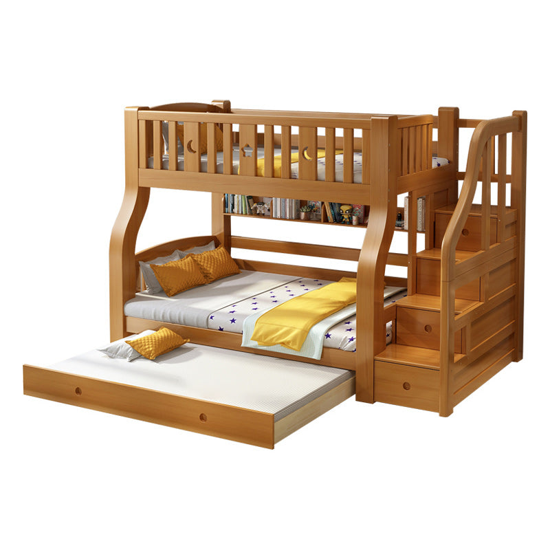 Walnut Standard Bunk Bed with Twin Trundle Solid Wood High Bunk Bed