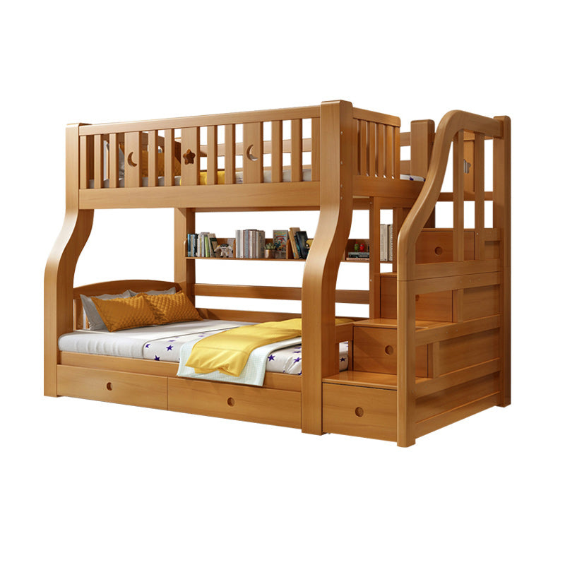 Walnut Standard Bunk Bed with Twin Trundle Solid Wood High Bunk Bed