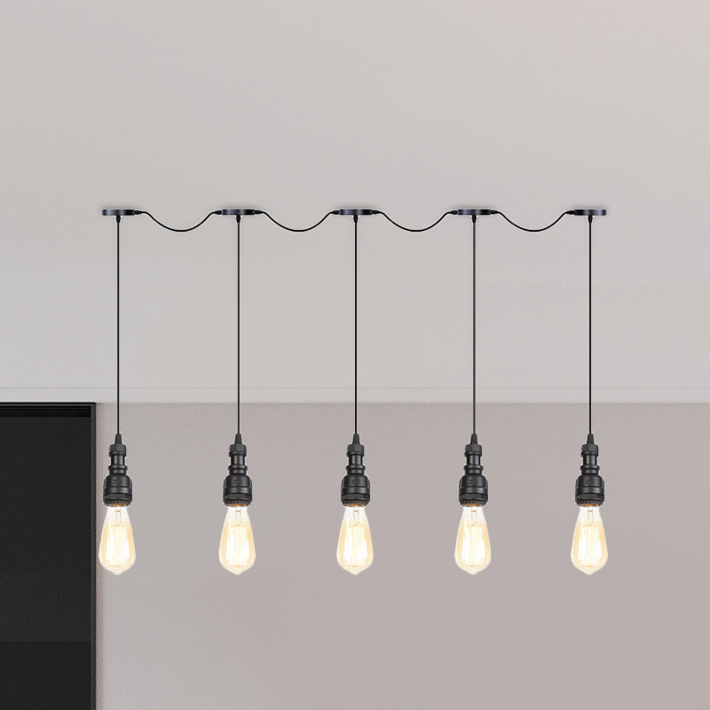 Exponierte Glühbirnenrestaurant Pendellampe Vintage Eisen 5/7 Lichter Schwarz Finish Tandem Multi Hanging Leuchte