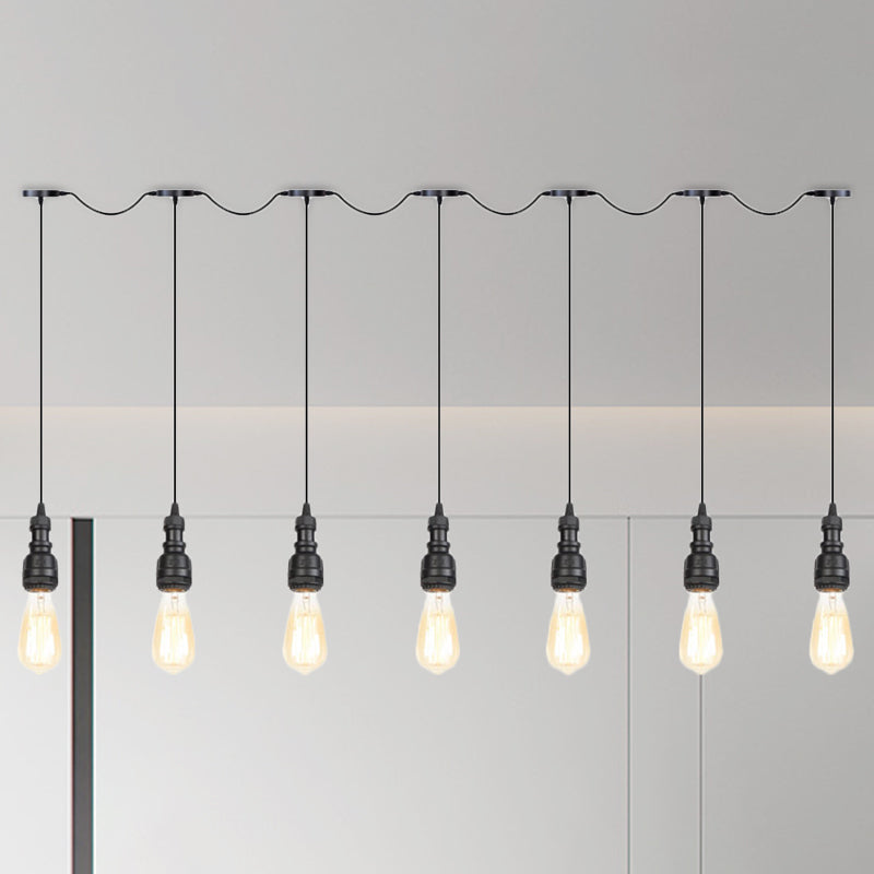 Exponierte Glühbirnenrestaurant Pendellampe Vintage Eisen 5/7 Lichter Schwarz Finish Tandem Multi Hanging Leuchte