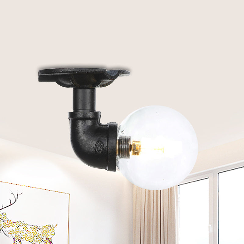 Clear Glass Ball Semi Flushmount Vintage 1 Head Hallway LED Ceiling Flush Mount in Black