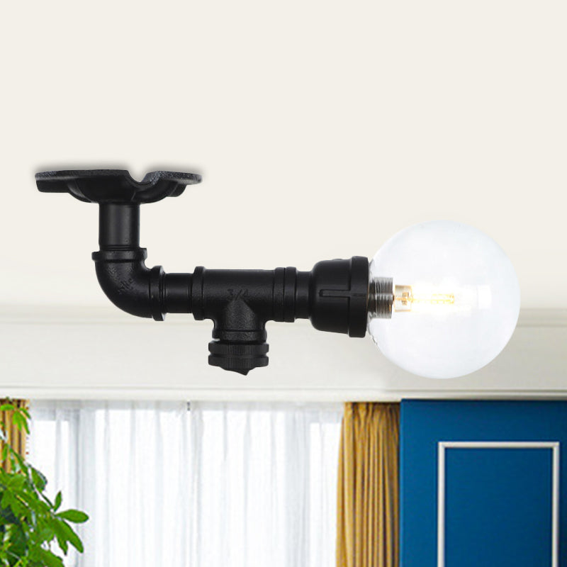 Clear Glass Ball Semi Flushmount Vintage 1 Head Hallway LED Ceiling Flush Mount in Black