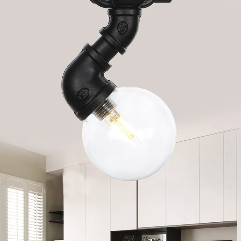 Clear Glass Ball Semi Flushmount Vintage 1 Head Hallway LED Ceiling Flush Mount in Black