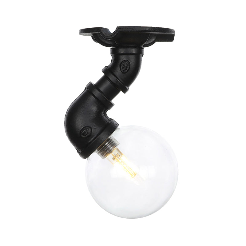 Clear Glass Ball Semi Flushmount Vintage 1 Head Hallway LED Ceiling Flush Mount in Black