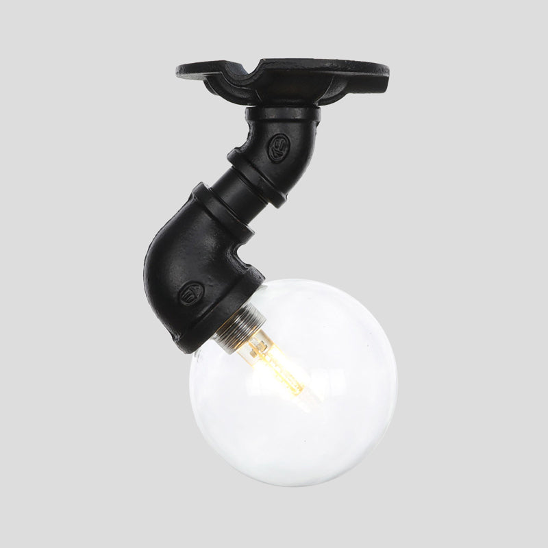 Clear Glass Ball Semi Flushmount Vintage 1 Head Hallway LED Ceiling Flush Mount in Black