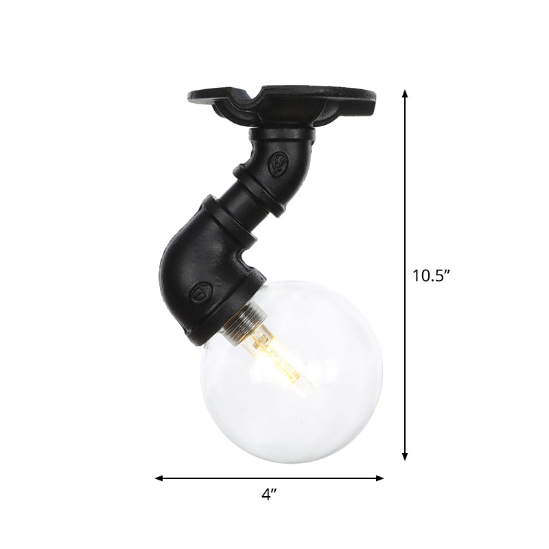 Clear Glass Ball Semi Flushmount Vintage 1 Head Hallway LED Ceiling Flush Mount in Black