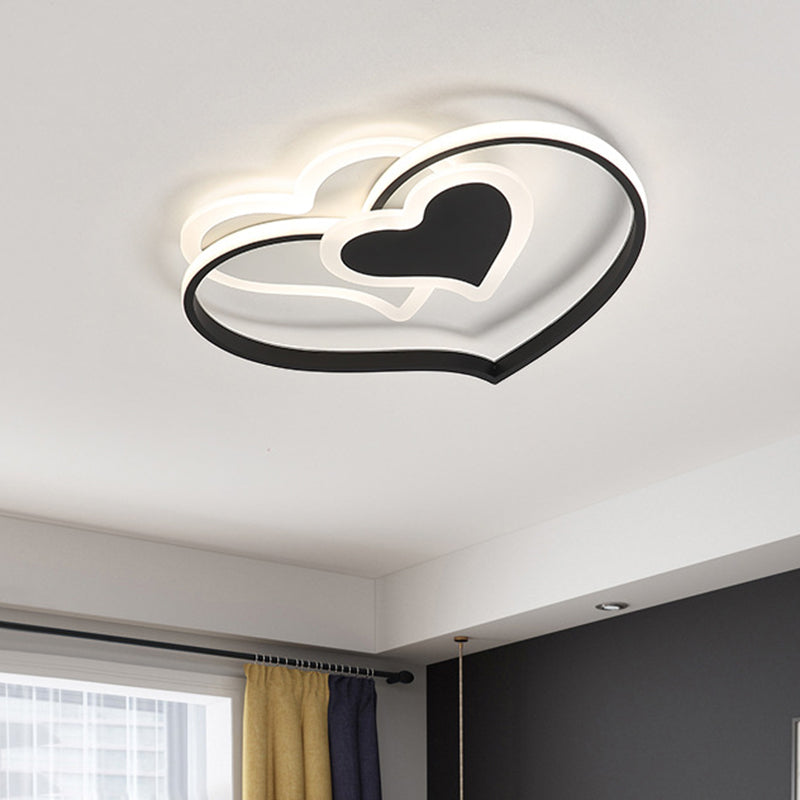 LED Bedroom Flush Light Fixture Modern Black/White/Pink Finish Ceiling Flush Mount with Loving Heart Acrylic Shade