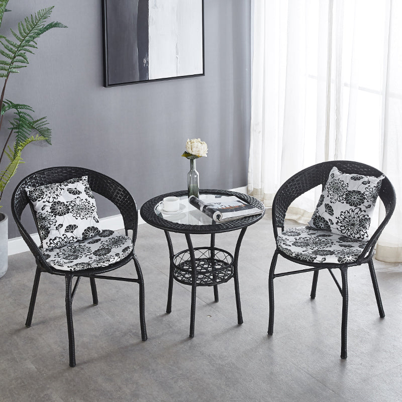 Glass Dining Table Set with Armless Rattan Chair for Courtyard