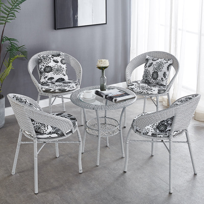 Glass Dining Table Set with Armless Rattan Chair for Courtyard