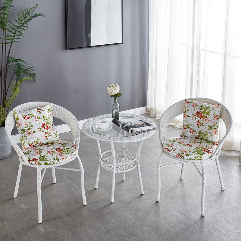 Glass Dining Table Set with Armless Rattan Chair for Courtyard