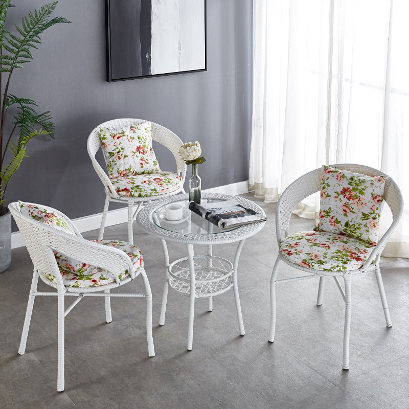 Glass Dining Table Set with Armless Rattan Chair for Courtyard