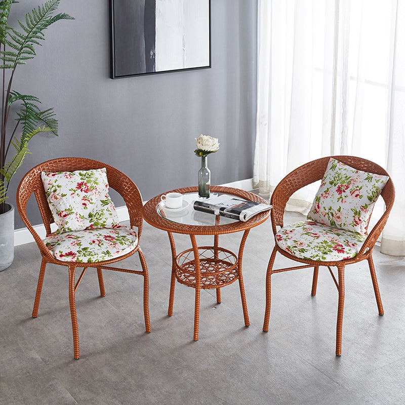 Glass Dining Table Set with Armless Rattan Chair for Courtyard