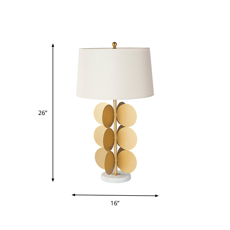 Gold 4-Side Round Night Light Vintage 1 Head Metal Table Lamp with White Fabric Shade for Hotel