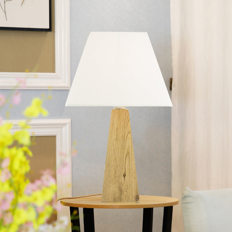 Taupe/White Pagoda Table Lamp Minimalist 1 Head Fabric Night Stand Light with Pyramidal Wood Pedestal