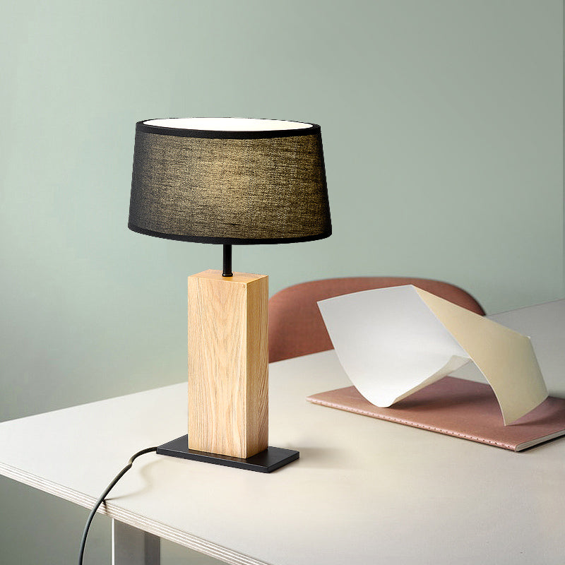 Black Oval Night Light Simple Single Fabric Table Lamp with Rectangular Wood Stand for Living Room